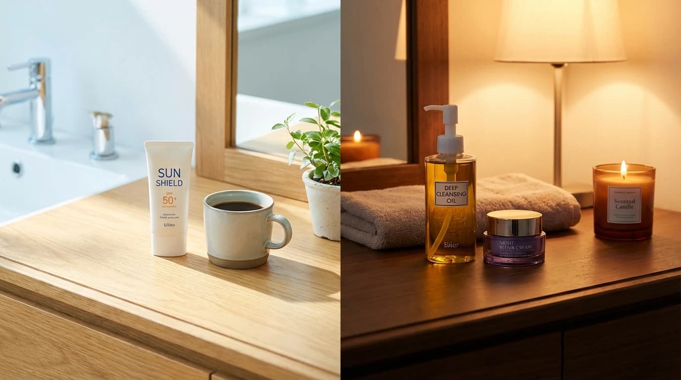 아침 선크림과 밤 클렌징 오일이 나뉜 스킨케어 단계 장면