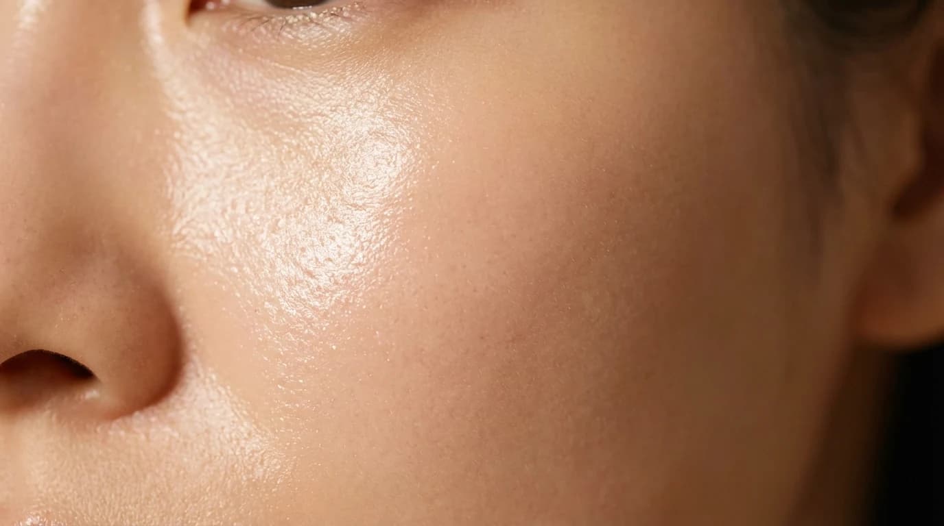 Soft studio close-up of a clear cheek texture showing skin-response focused calming care