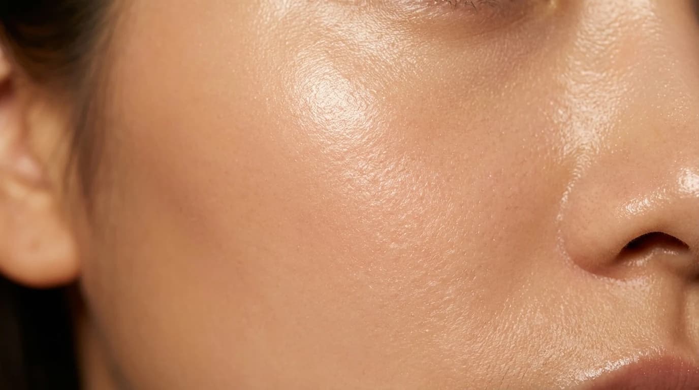 부드러운 조명 아래 맑은 볼 피부 결이 드러난 피부 반응 중심 진정 케어