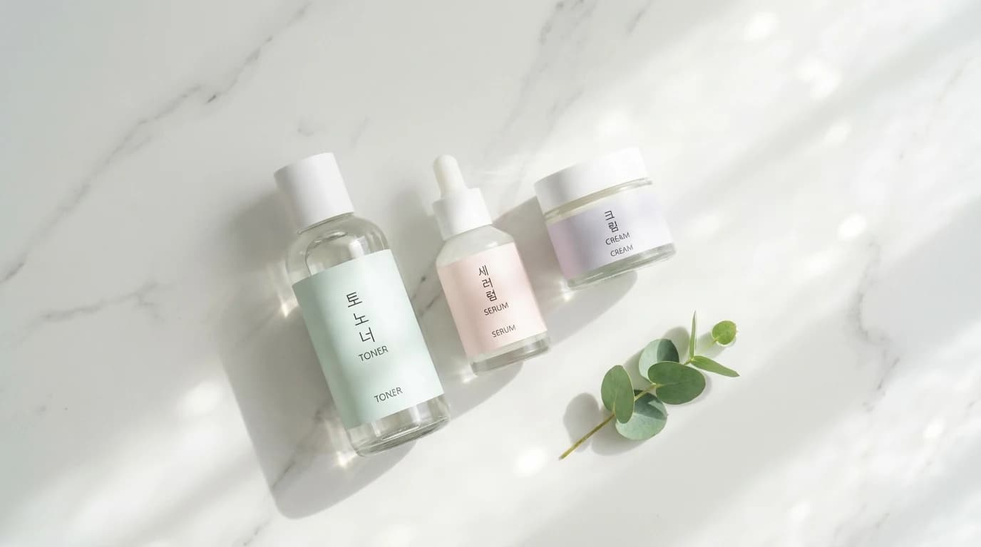 Bright K-beauty routine starter set with toner, serum, and cream on white marble