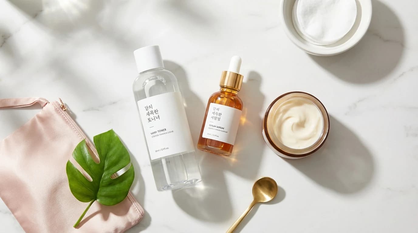 화이트 대리석 위 토너와 세럼, 크림이 놓인 밝은 K-뷰티 루틴 시작 제품
