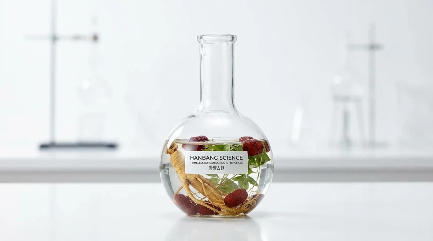 Clean studio shot of a flask and ginseng showing hanbang ingredients and timeless skin care principles