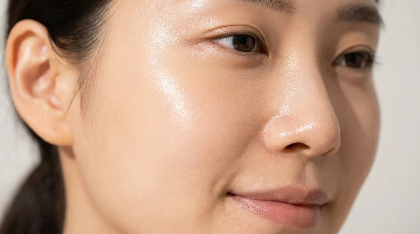 Close-up of calm skin texture with balanced moisture and a soft healthy glow