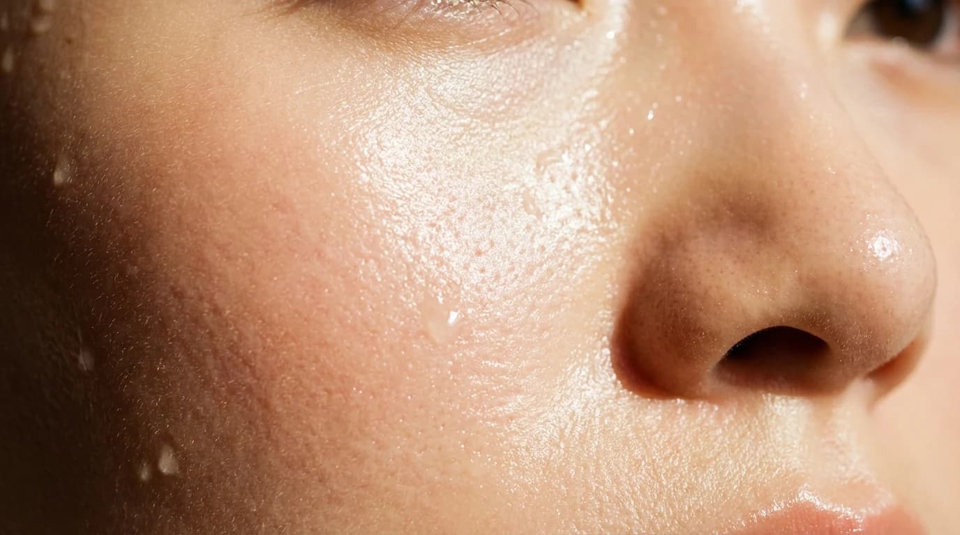 은은한 자연광에서 번들거림 없이 수분감만 남은 차분한 피부 결 클로즈업