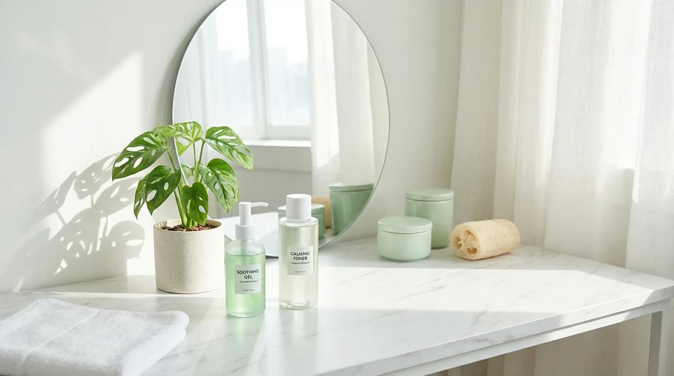Soothing toner and cream lined up on a white shelf for a sensitive skin routine