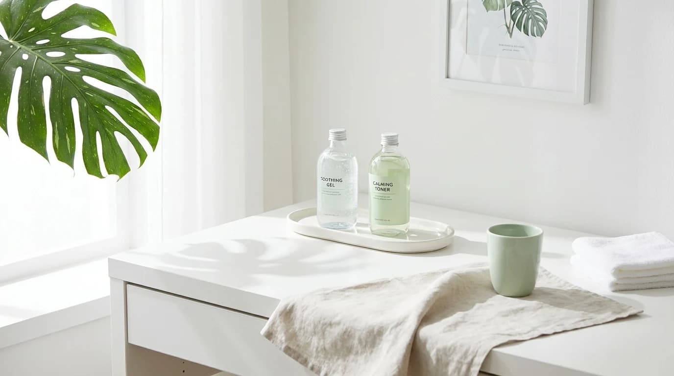 화이트 선반 위 진정 토너와 크림이 놓인 민감성 피부용 저자극 보습 제품