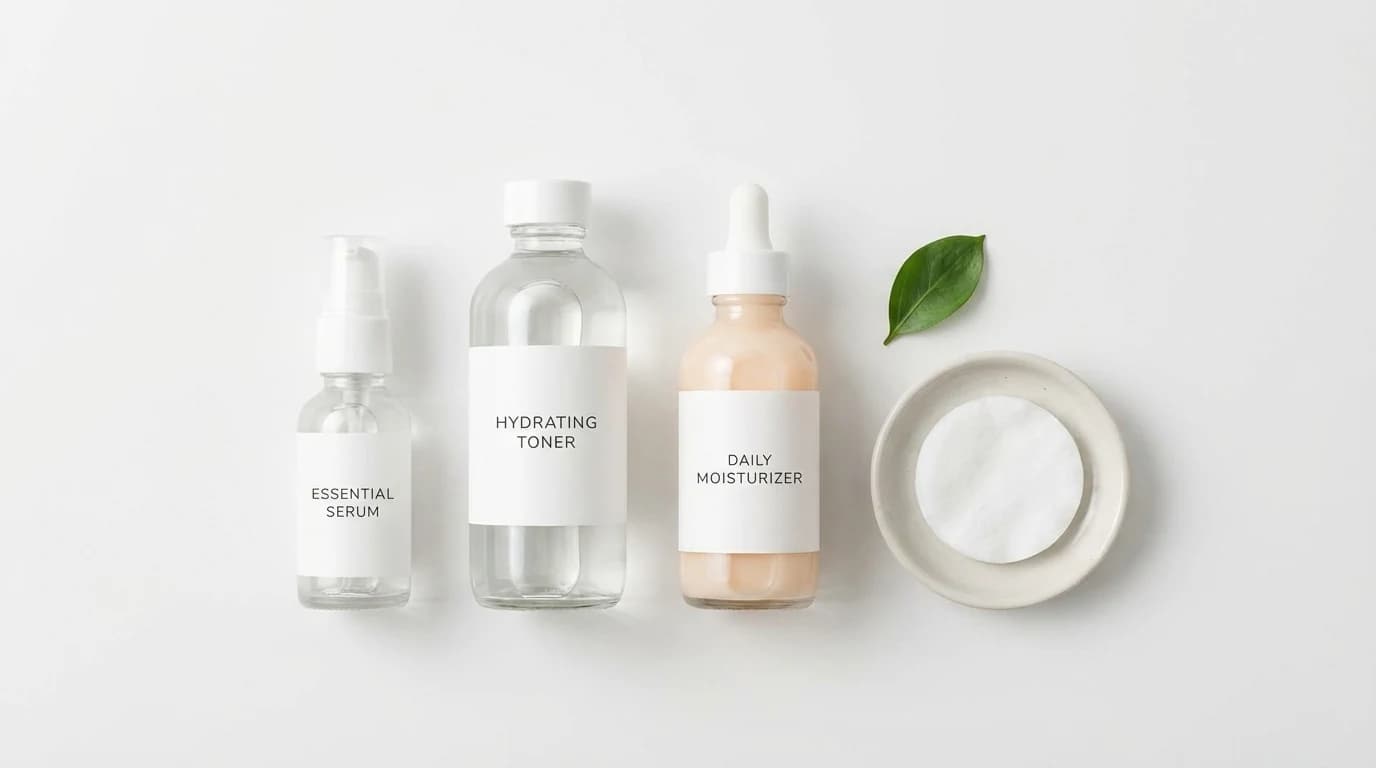 Three low-irritation skincare bottles arranged on a wooden shelf in soft window light