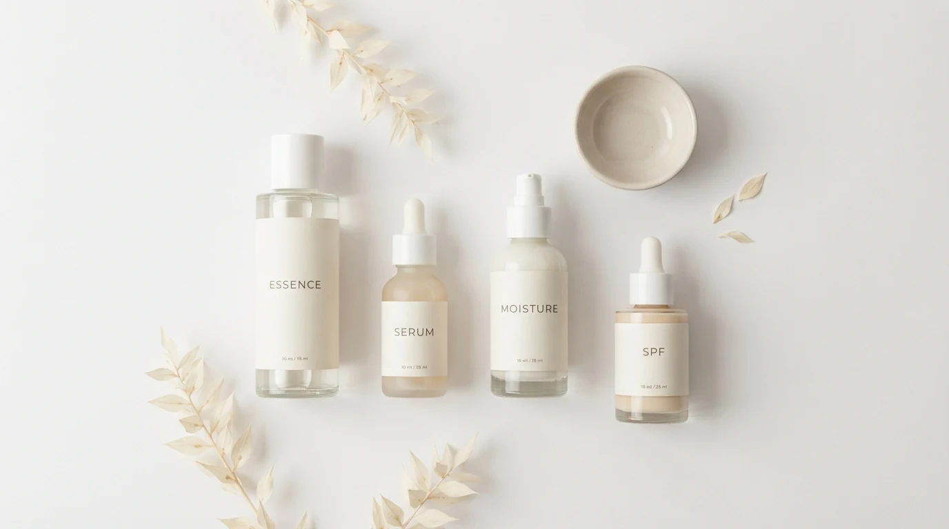 나무 선반 위 세 병만 남긴 미니멀 보습 루틴 구성과 무광 제형 질감