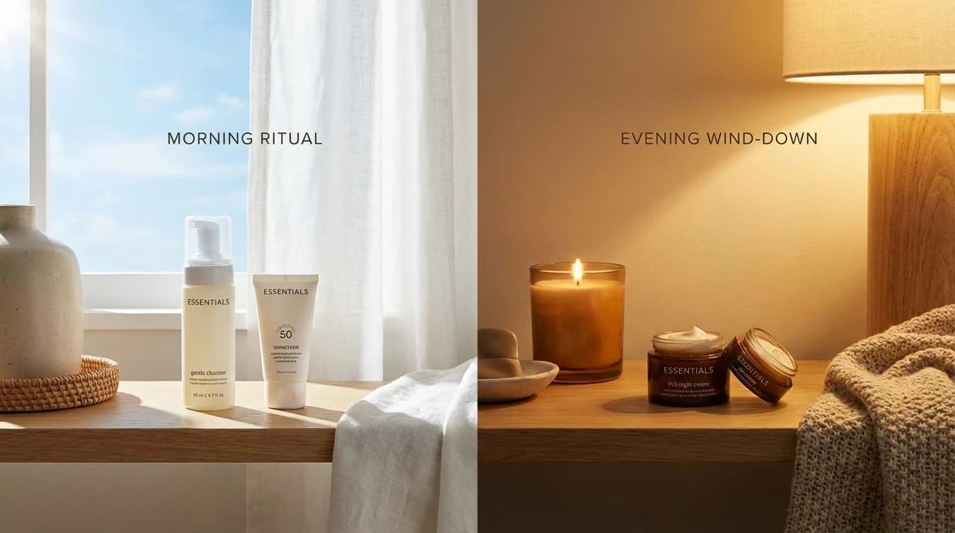 Split vanity scene with daylight sunscreen on one side and a calming night cleanser on the other