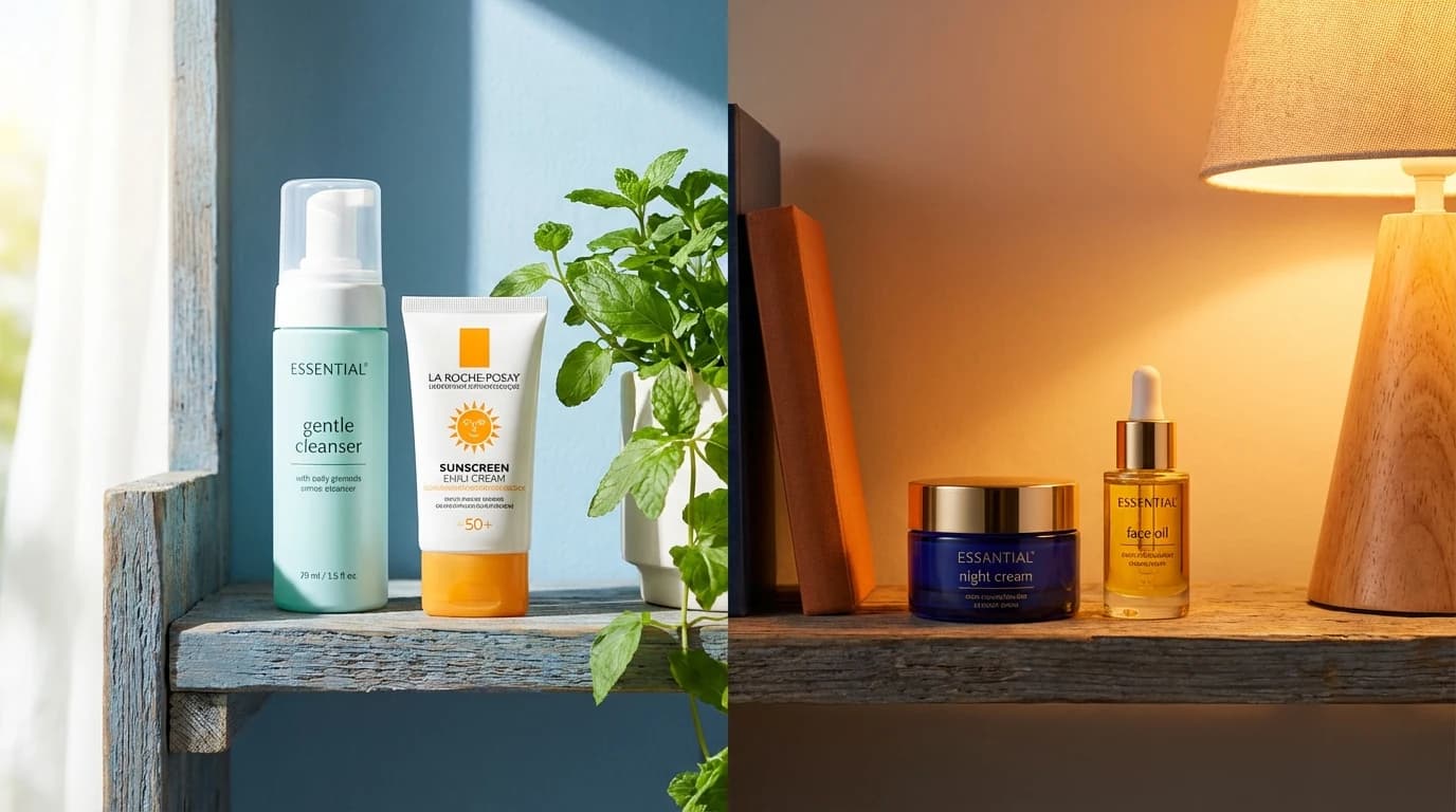 밝은 세면대와 따뜻한 밤 조명이 나뉜 장면 속 가벼운 선크림과 클렌저 배치