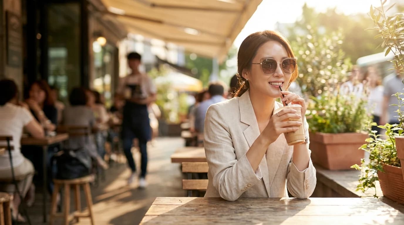 Finished Korean summer makeup look holding up cleanly in bright outdoor light