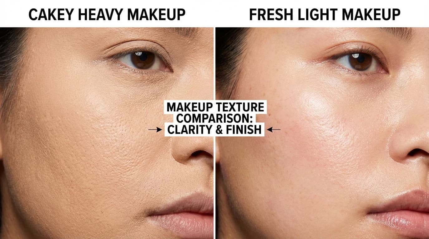Side-by-side comparison of cakey makeup and fresher breathable summer skin