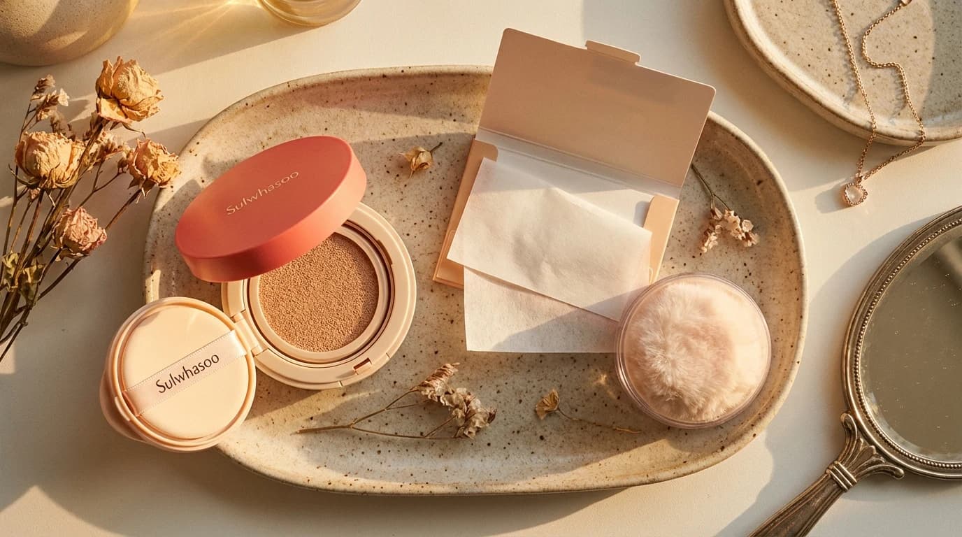 Cushion compact and blotting paper arranged for summer oil control touch-ups