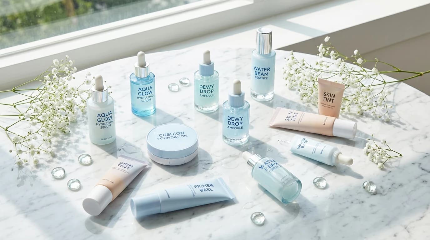 촉촉한 기초 제품과 베이스를 나란히 둔 건성 메이크업 준비 장면