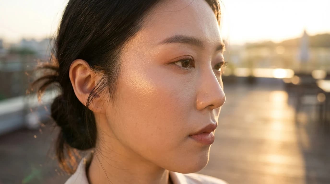 광대와 이마에 은은한 빛이 남은 윤광 피부 포인트