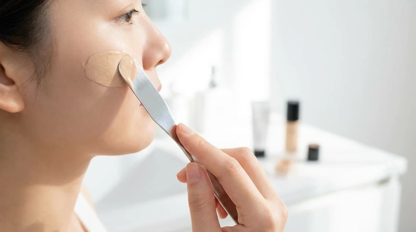 스파출러로 얇게 베이스를 펴 바르는 건조한 날 메이크업 들뜸 방지 단계