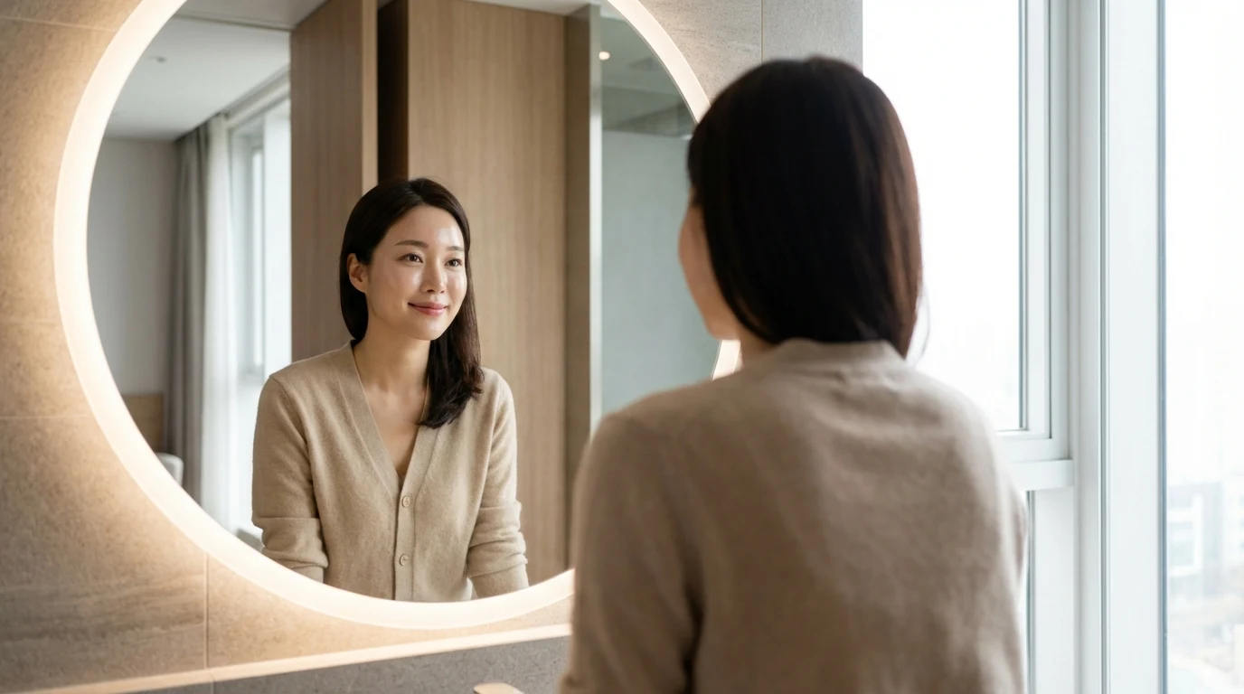 거울 앞에서 겨울 광채 메이크업 상태를 확인하는 장면