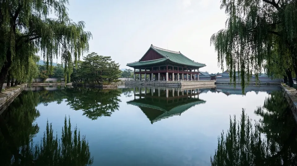 연못에 투영된 경복궁 경회루의 아름다운 전경 한국의 미 수중 누각