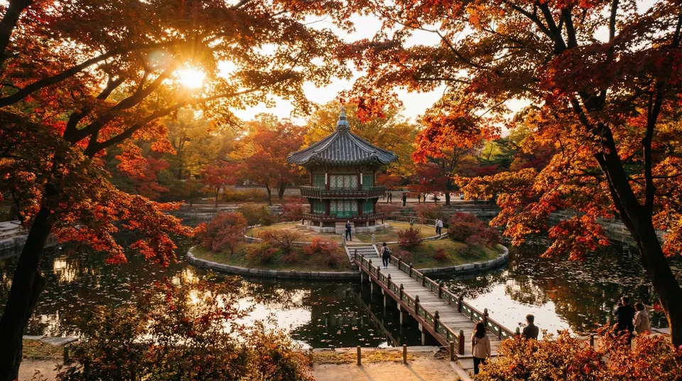가을 단풍으로 둘러싸인 경복궁 향원정과 취향교 고즈넉한 전통 산책로