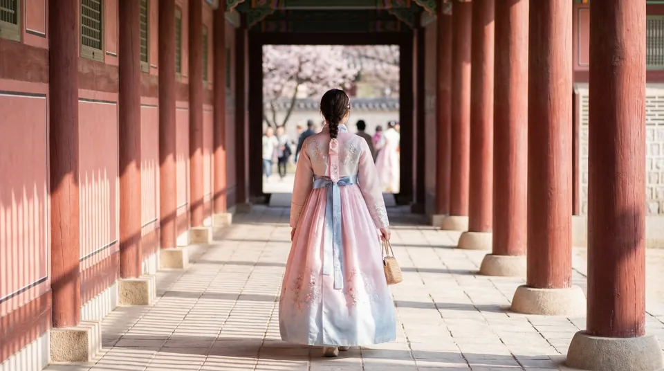 경복궁 회랑에서 한복을 입고 걷는 여행자 한국 전통 문화 체험