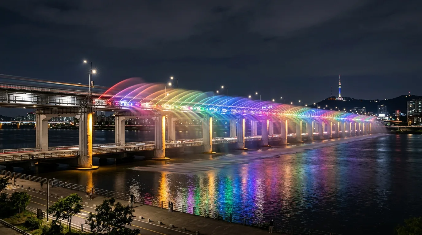 Banpo Bridge and Moonlight Rainbow Fountain seen from a wider riverside angle