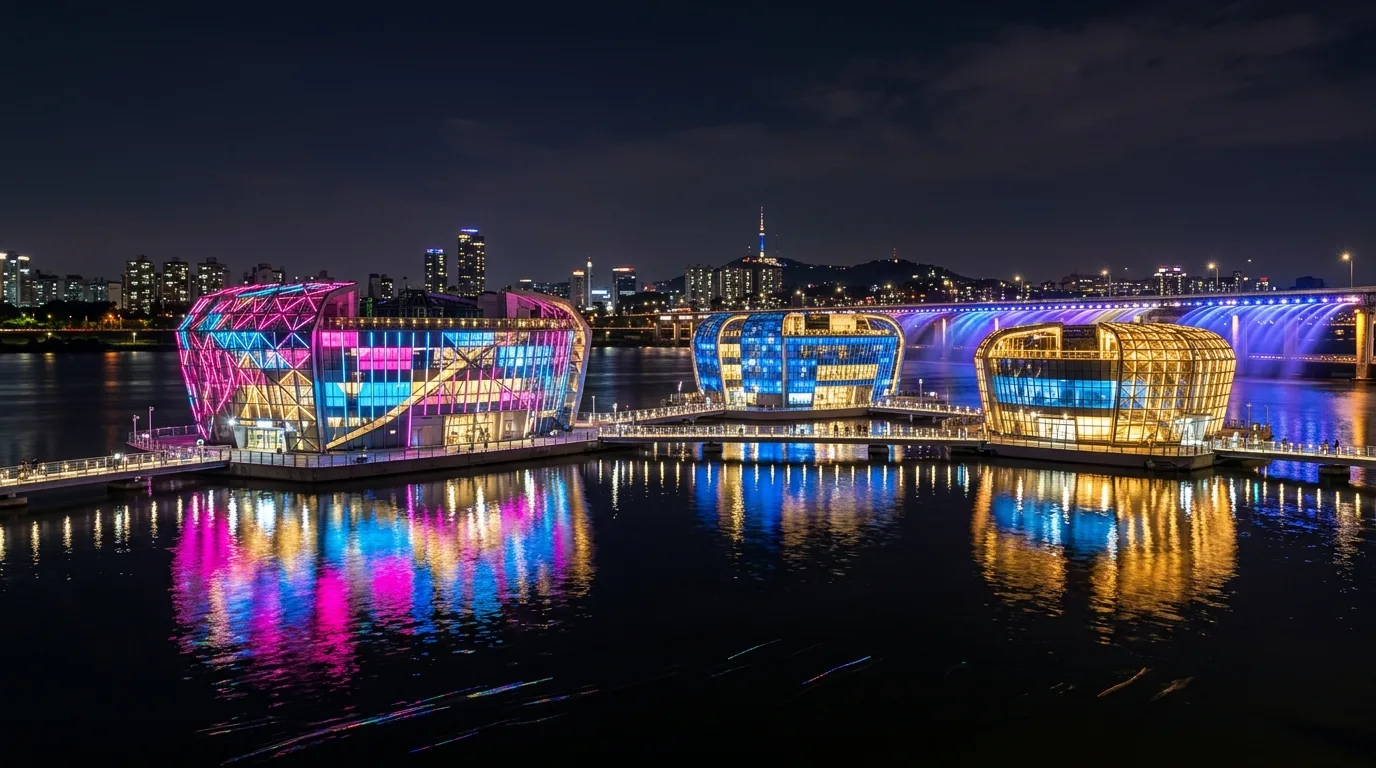 수면 반사와 조명이 살아나는 세빛섬 야경 산책 구간