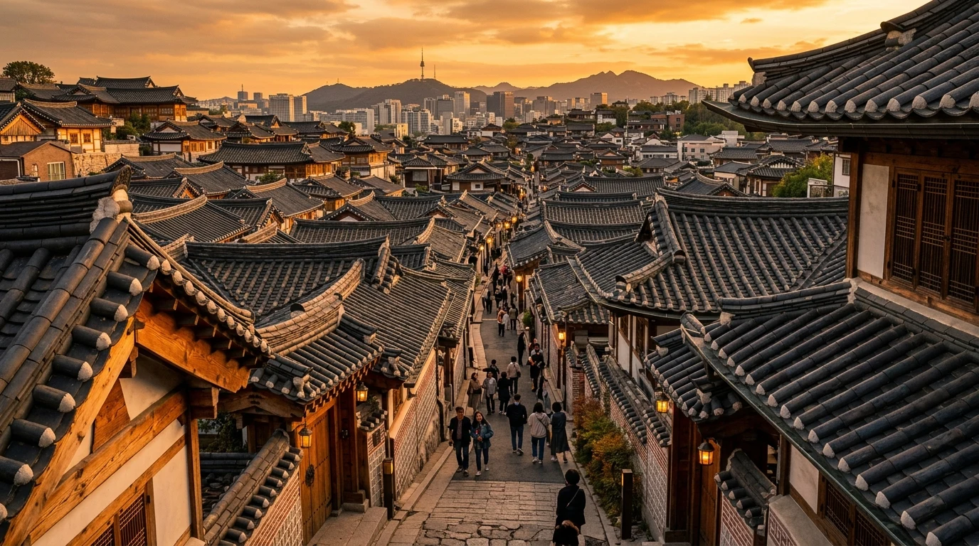 Layered Bukchon rooftops showing the depth of a recommended hanbok photo route