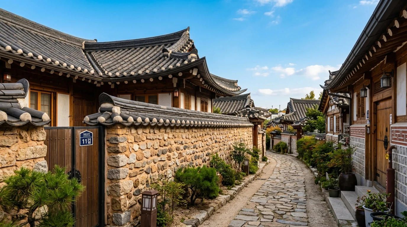 Clean hanok walls and rooflines in Bukchon making a stable hanbok photo background