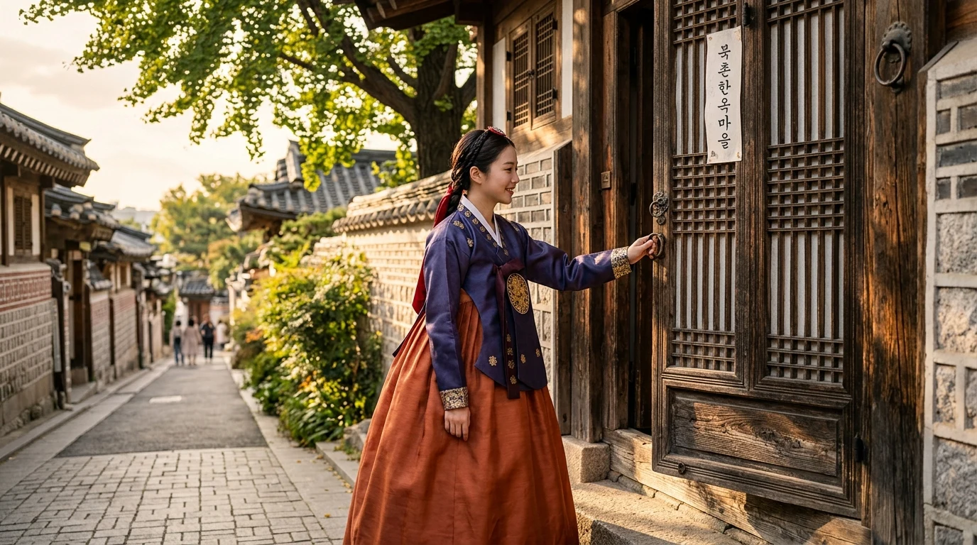 Bukchon's quieter lived-in hanok mood contrasted with palace-scale hanbok photography