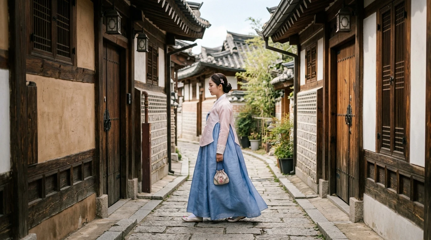 Hanbok walk through a Bukchon alley with traditional Seoul mood