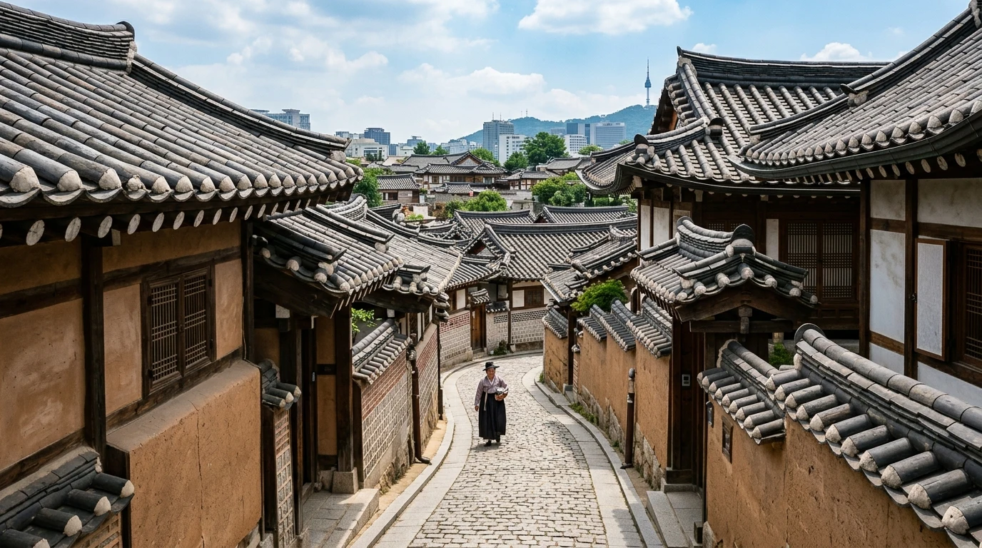 Hanok rooflines and wall texture shaping a Bukchon photo spot