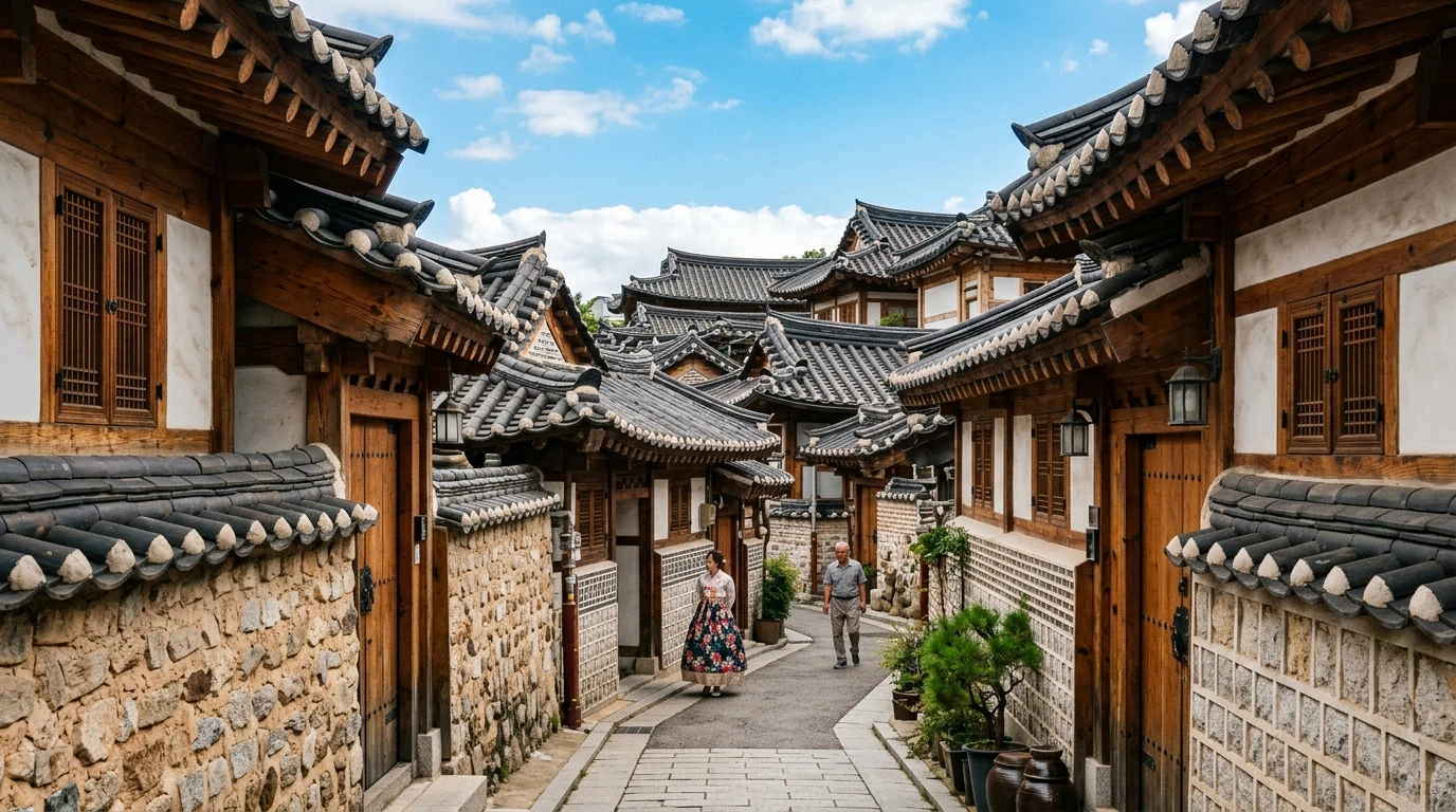 북촌 한옥마을 기와 지붕선과 담장이 정리된 사진 포인트