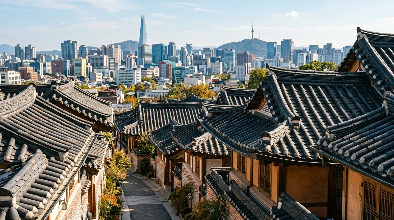 기와지붕이 겹치고 서울 도심 배경이 함께 보이는 북촌 촬영 포인트