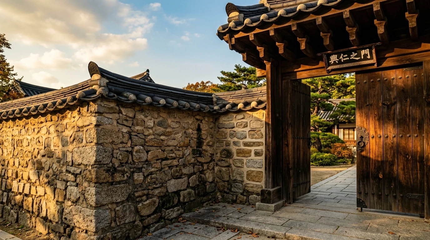 Golden hour light shaping a stone wall in a Bukchon hanok alley