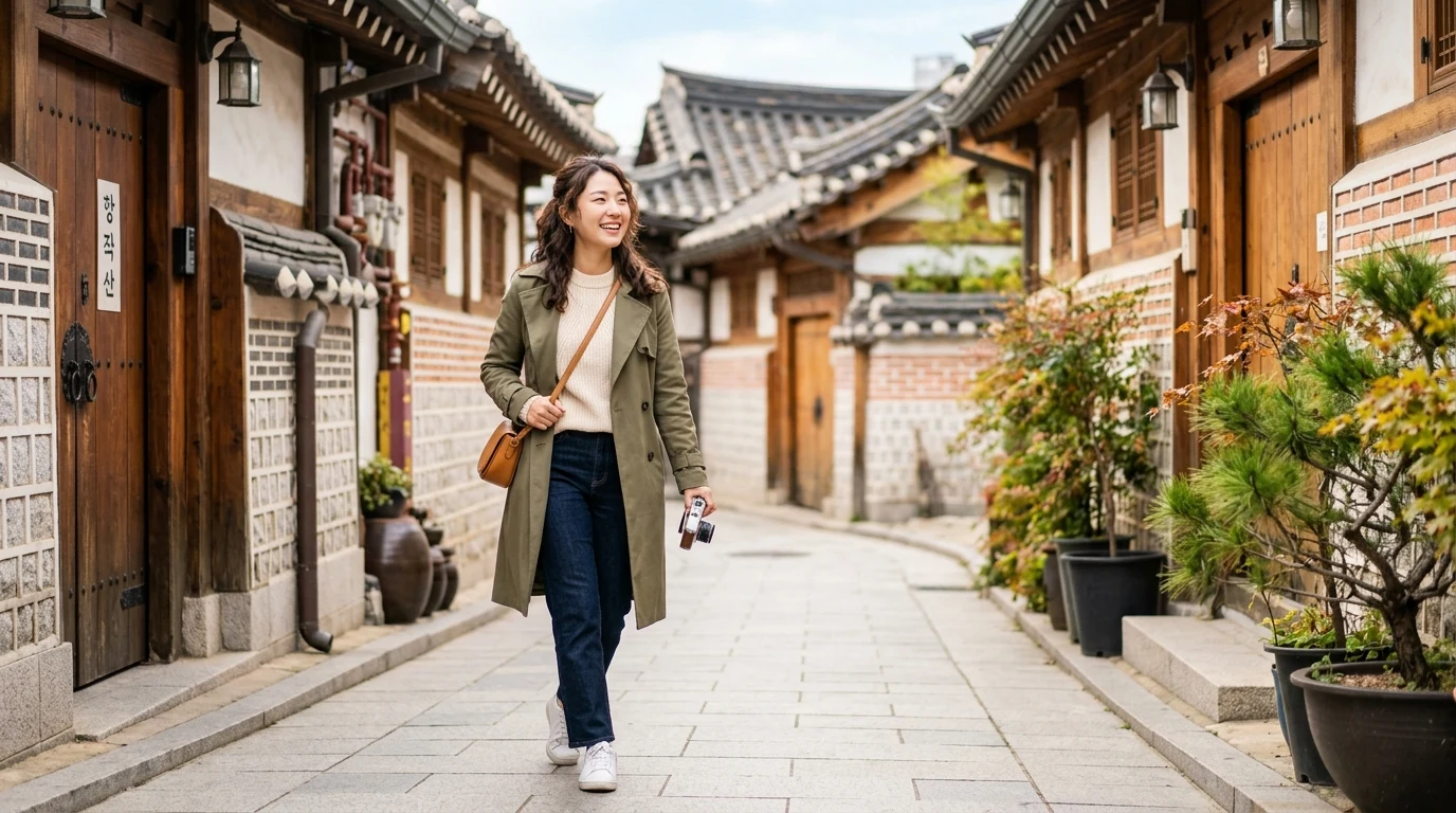 Traveler portrait framed by a narrow Bukchon alley in Seoul