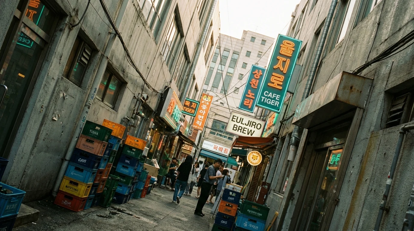 Diagonal alley composition with newtro signs in a narrow Euljiro photo spot