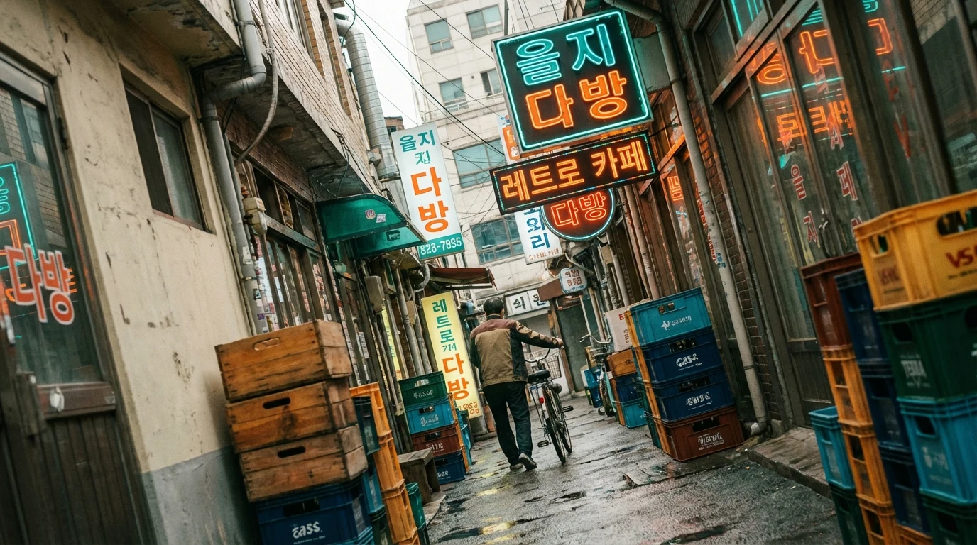 좁은 골목 사선 구도에 뉴트로 간판이 이어지는 을지로 사진 포인트