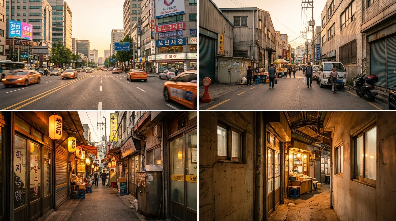 POV-style Euljiro walking route through dense backstreets and older storefronts