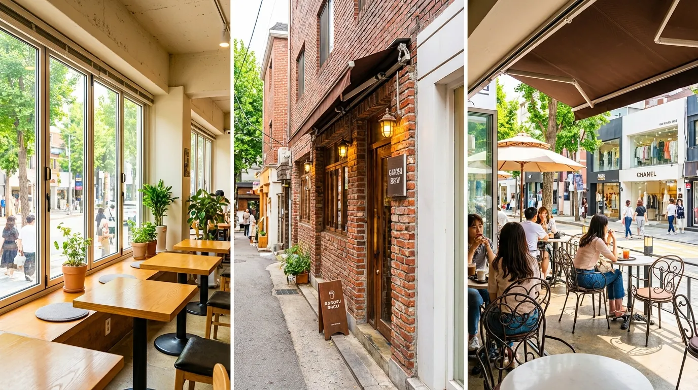 카페 포인트를 따라 천천히 이동하는 가로수길 카페 투어 동선 장면