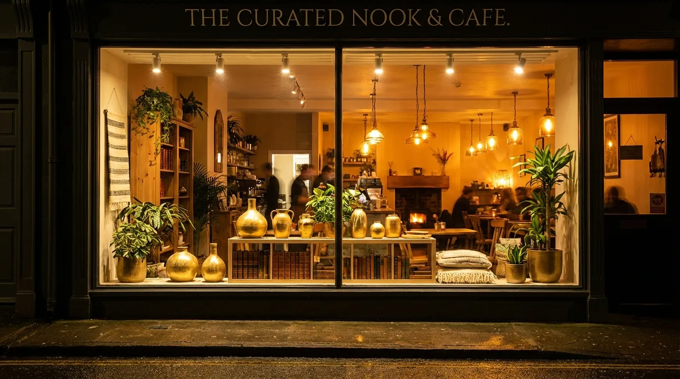 Warm cafe interior lighting and a polished storefront display along Garosu-gil at night