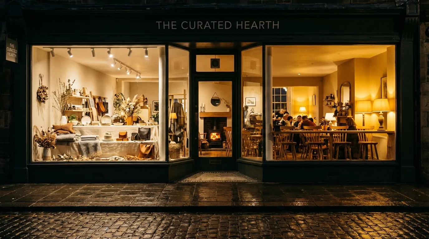 카페 내부 조명과 감각적인 쇼윈도가 함께 보이는 가로수길 초저녁 무드 장면