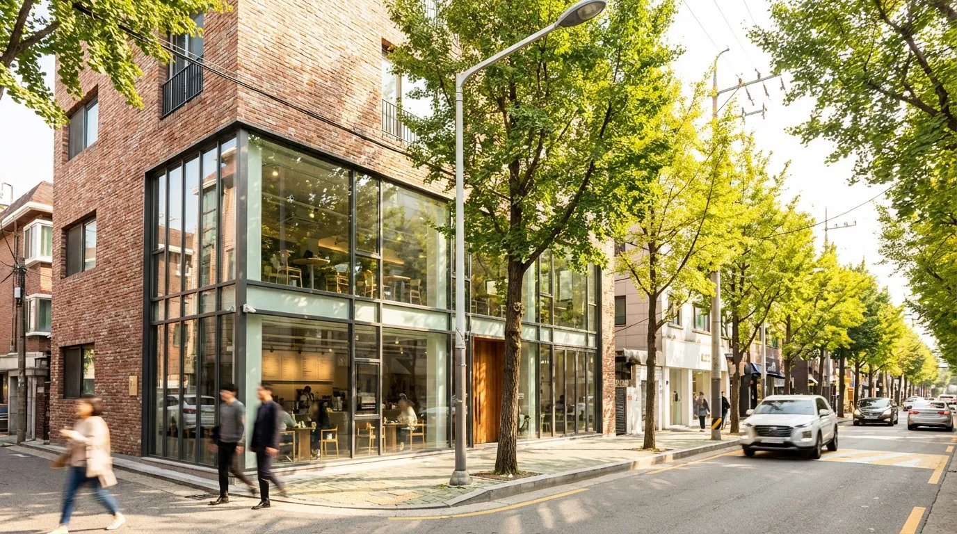 Dessert table and window-seat composition inside a Garosu-gil cafe photo spot