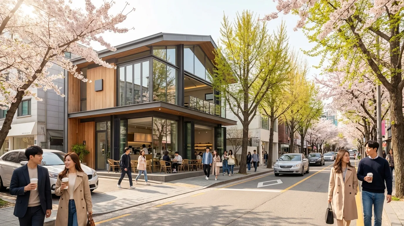 디저트와 창가 좌석 구도가 또렷하게 잡히는 가로수길 카페 사진 장면