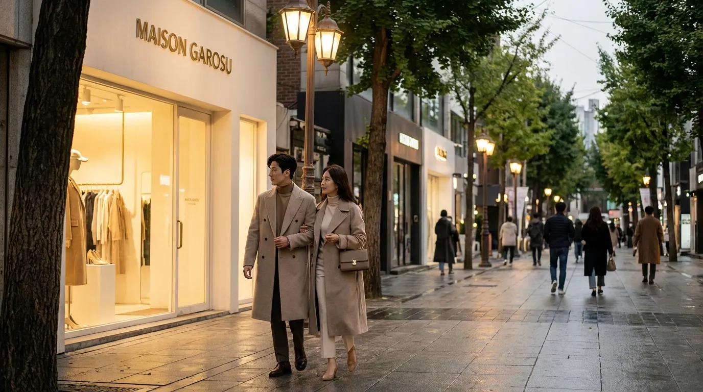 패션 편집숍 앞을 따라 걷는 가로수길 데이트 코스 분위기가 보이는 저녁 산책 장면