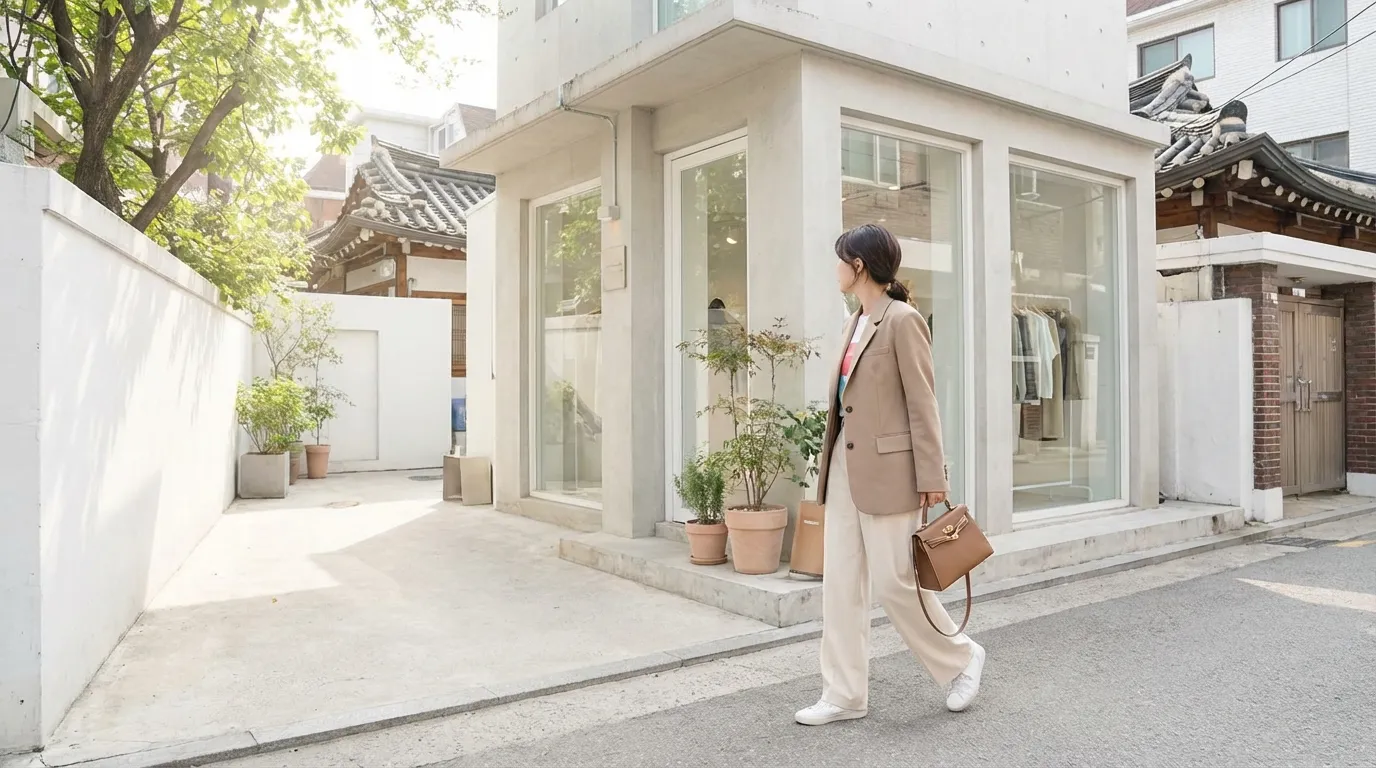 가로수길 뒷골목의 세련된 일상 무드와 조용한 보행 흐름이 드러나는 신사동 골목
