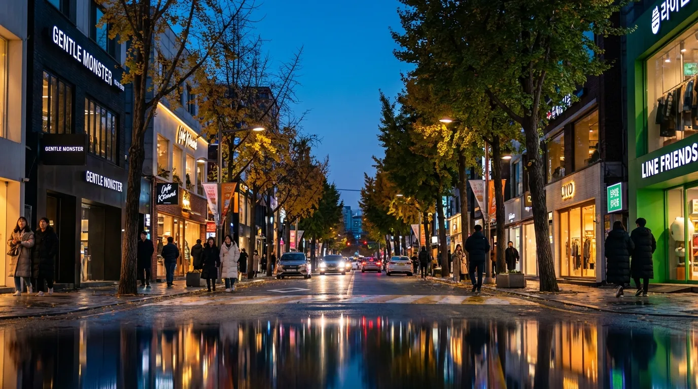 Sinsa-dong Garosu-gil night view with warm lights and an easy evening walking mood in Seoul