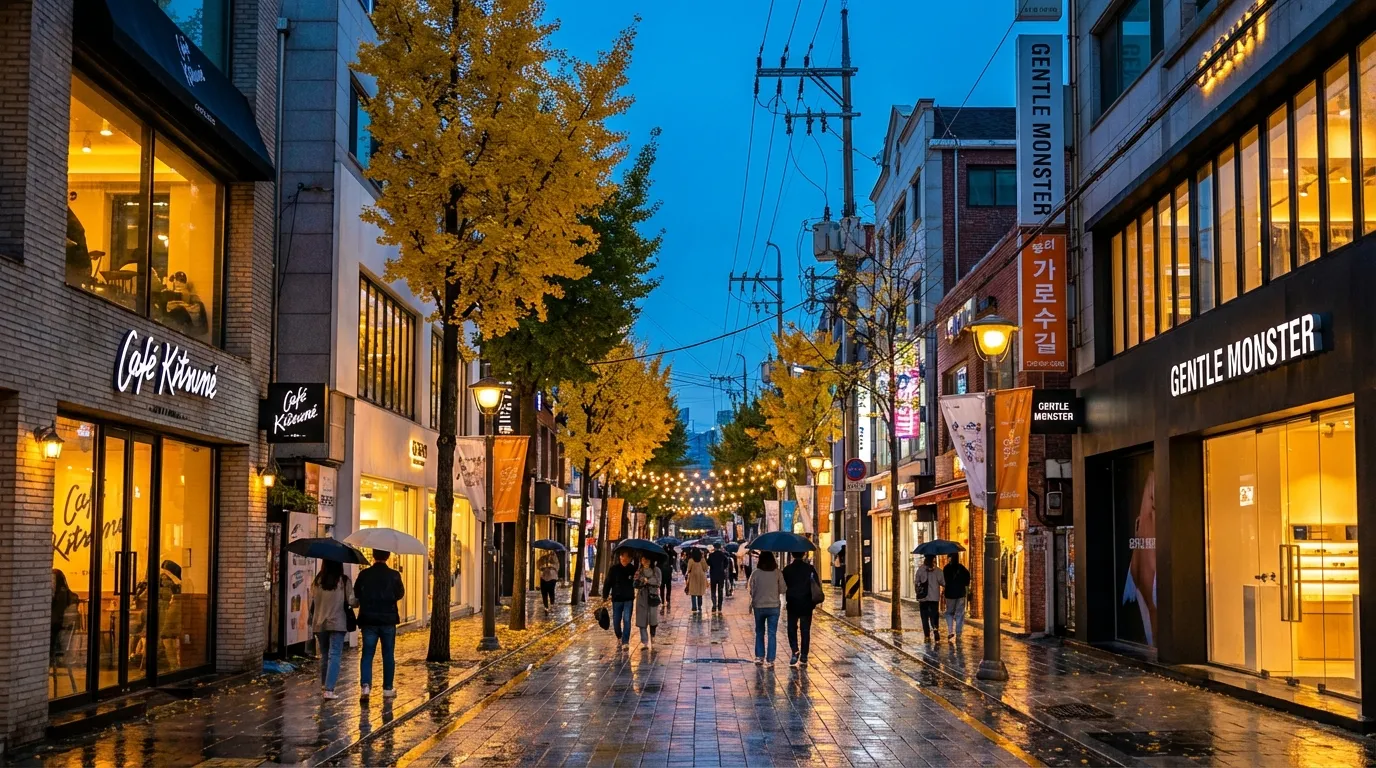 해 질 녘 조명이 켜진 신사동 가로수길 거리와 보행 흐름이 보이는 저녁 산책 코스