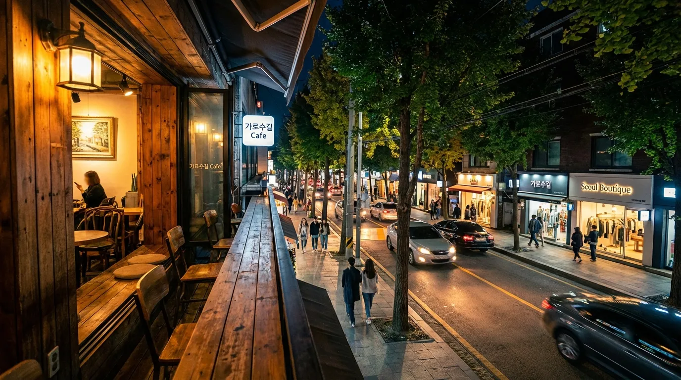 View from a Garosu-gil cafe terrace overlooking the street during a calm Seoul evening walk