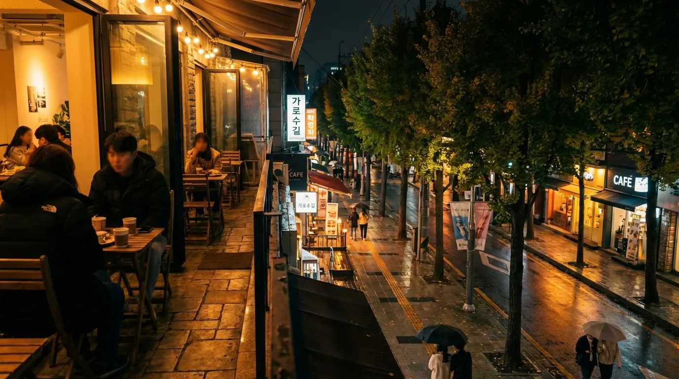 가로수길 테라스에서 내려다본 거리 풍경과 조명이 정리된 서울 저녁 산책 장면