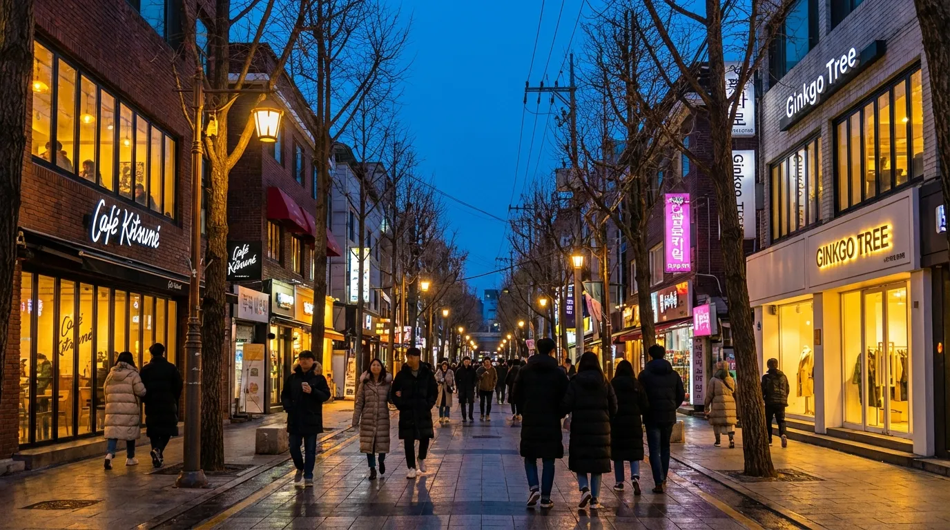 Sunset cafe street and warm sign lighting shaping a Garosu-gil evening cafe mood